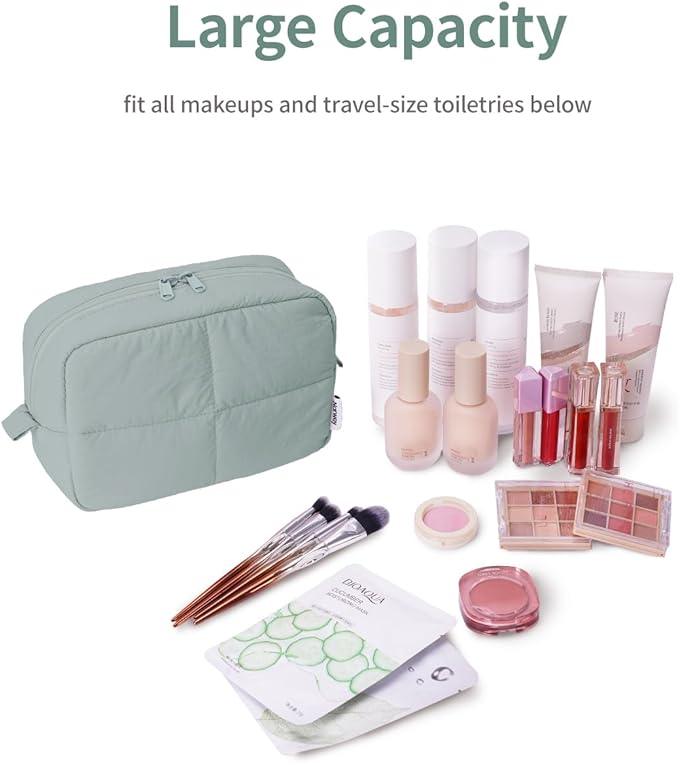 Narwey Travel Makeup Bag for Women Girl, Puffy Padded Make Up Bags Makeup Organizer, Lightweight Toiletry Bag for Cosmetics, Brushes, Travel Essentials (Sage Green)