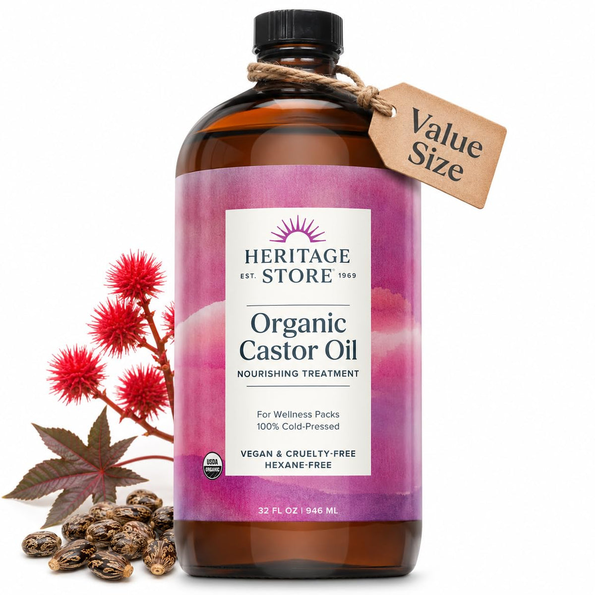 HERITAGE STORE Organic Lavender Castor Oil, Hexane Free, 8 fl oz