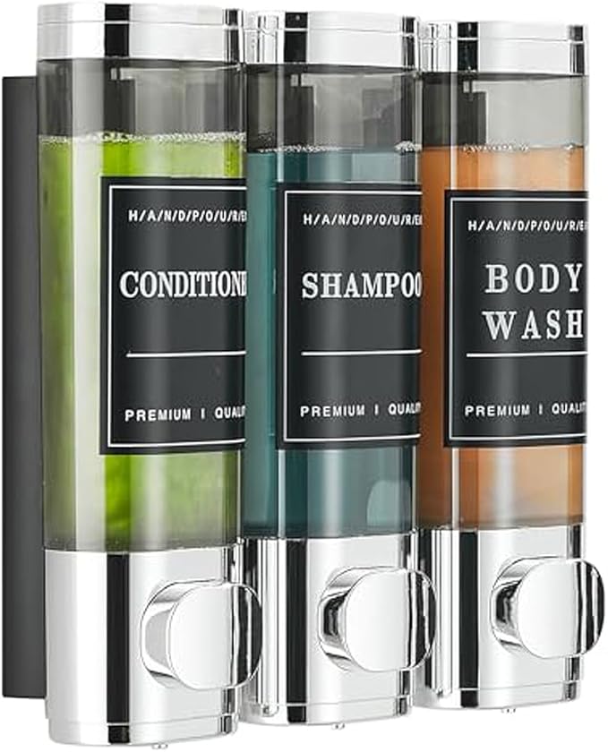 Shower Soap Dispenser Wall Mounted No Drill Shampoo Dispenser for Shower Wall Shampoo and Conditioner Dispenser Bathroom Hotel 3 * 300ml Chrome Self