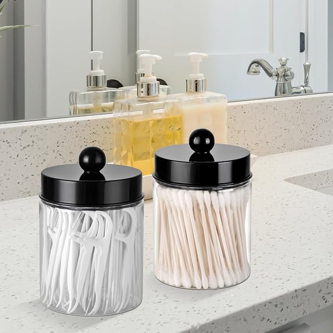 3PC Farmhouse Decor Qtip Holder Apothecary Jars Bathroom Vanity Storage Organizer -Countertop Canister Container &Cute Stickers for Cotton Swab, Ball,Pad,Floss ,Paper Clips (Black，Plastic)