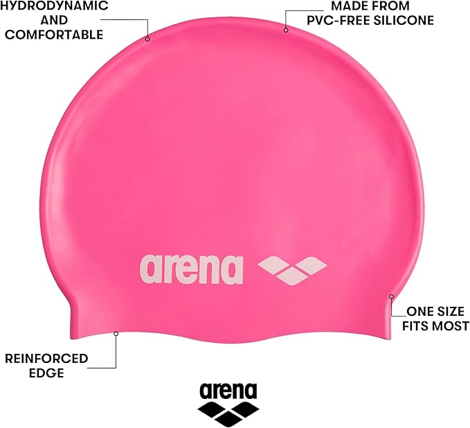 Arena Classic Unisex Soft Silicone Swim Cap for Women and Men, Intensive Training and Racing Comfortable Non-Slip Long Hair Swimming Hat, Bright Pink