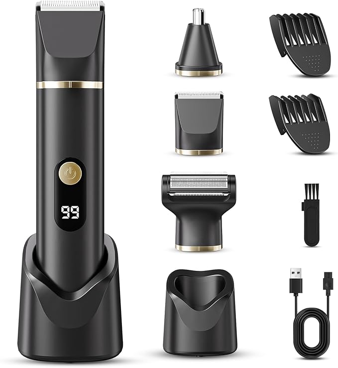 tiovara Beard Trimmer for Men, IPX7 Waterproof Body Hair Trimmer Electric Razor Shaver Body Grooming Kit Wet/Dry Use for Groin, Nose, Ear Hairs, Beard, Legs, Chest (Black)
