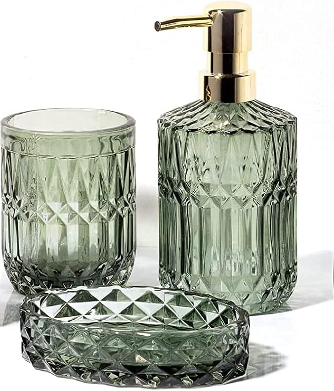 EMPO 6PCS Bathroom Clear Glass Accessories Set (Lotion Soap Dispenser, Soap Dish, Toothbrush Holder, Tumbler, Cotton Swab Jar), Contemporary Modern Decor Crystal Vintage Gift (6pcs Ocean Teal Blue)