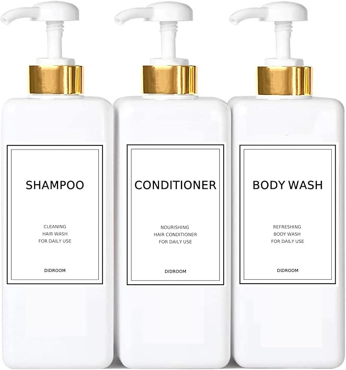 Modern Silver Shampoo and Conditioner Dispenser (21 oz, Pack of 3) Refillable Pump Bottle Set Empty Shower Plastic Bottles with Pump for Bathroom Body Wash Soap and Shower (Gold)
