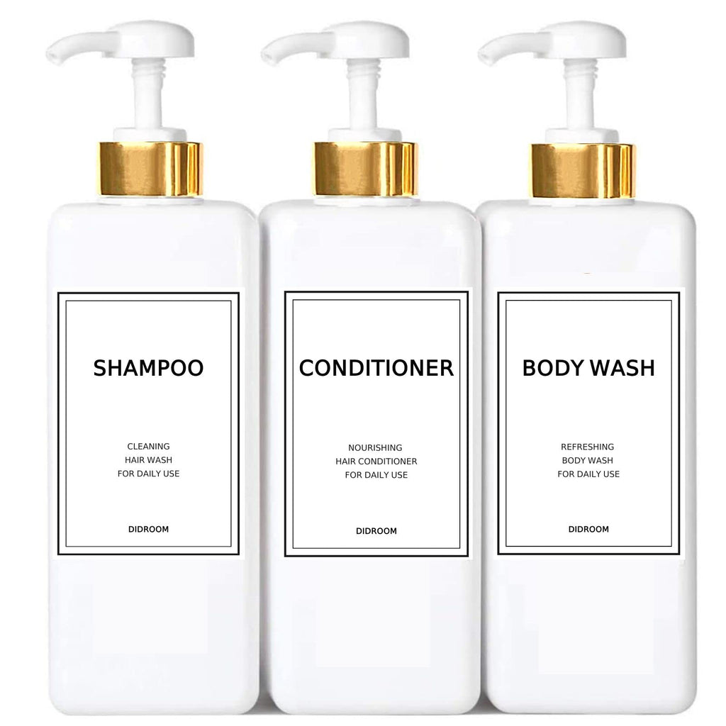 Modern Silver Shampoo and Conditioner Dispenser (21 oz, Pack of 3) Refillable Pump Bottle Set Empty Shower Plastic Bottles with Pump for Bathroom Body Wash Soap and Shower (Gold)