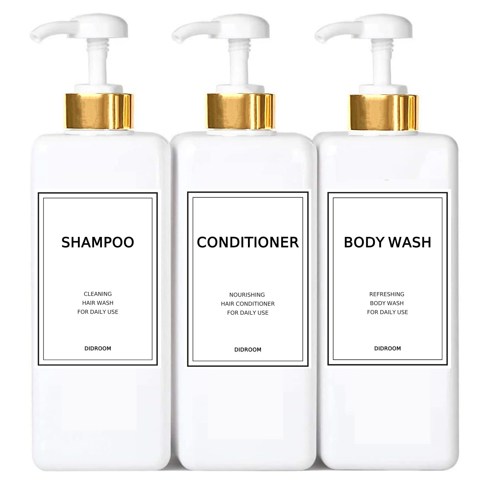 Modern Silver Shampoo and Conditioner Dispenser (21 oz, Pack of 3) Refillable Pump Bottle Set Empty Shower Plastic Bottles with Pump for Bathroom Body Wash Soap and Shower (Gold)