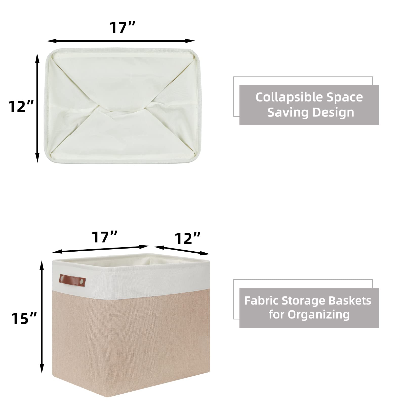 HNZIGE Large Fabric Storage Basket for Shelves, Rectangular Storage Bins Baskets for Storage, Canvas Collapsible Storage Bins with Handles for Organizing Home, Closet(White Beige)