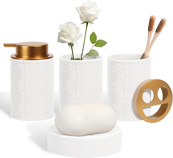 Designer Black Glass Bathroom Accessories Sets - 4 Pcs with Lotion Soap Dispenser, Bathroom Toothbrush Holder, Vanity Tray, and Apothecary Jar, Vintage Bathroom Decor, Gift Countertop Organizer
