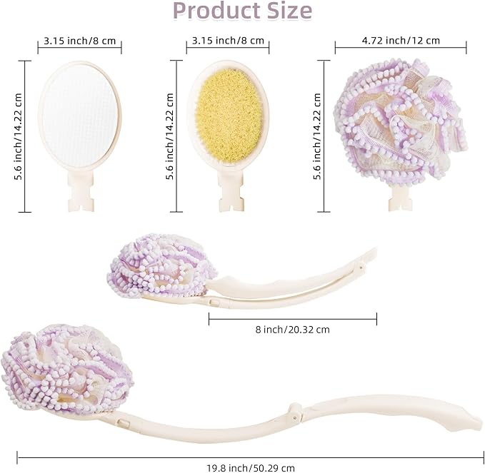 Topfinder Loofah Sponge with Handle,Back Scrubber Brush for Shower, Lotion Applicator for Back,3 in 1 Shower Kit (Purple loofah)