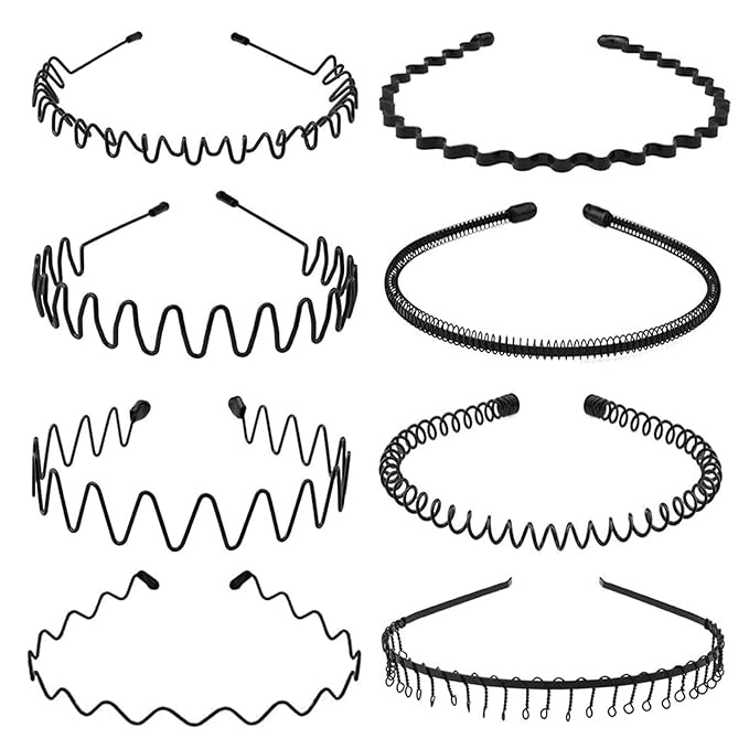 Metal Headbands for Men and Women - Wavy Adjustable Wire Hair Bands, Unisex Non-Slip Elastic Headband for Workout, Face Washing, Curly Hair & Daily Use (6 Pack)
