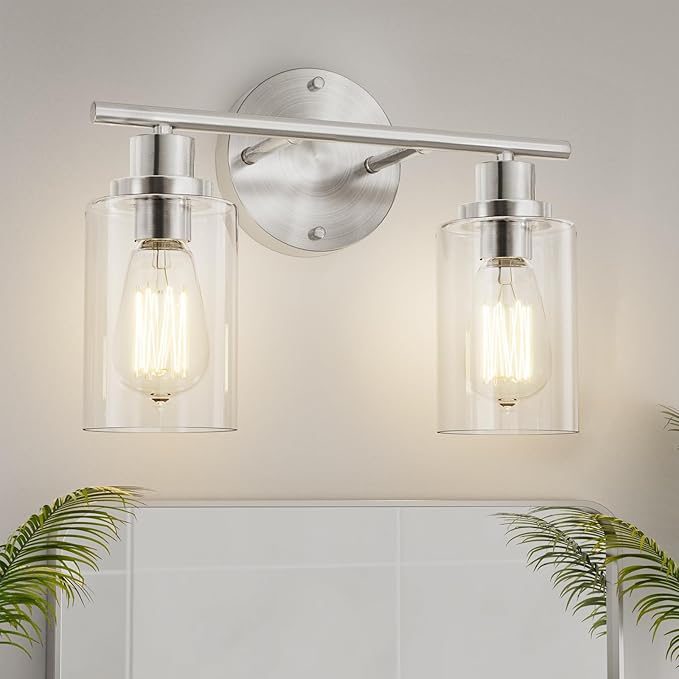 GORDNWE Bathroom Vanity Light Fixtures, 2 Light Brushed Nickel Bathroom Light, Vanity Sconce with E26 Bulb Base, Modern Wall Lights for Mirror, Hallway, Farmhouse