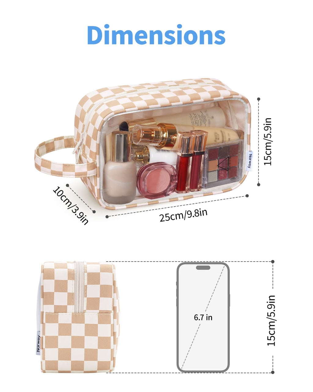 Narwey Clear Toiletry Bags for Traveling Women Men, Clear Travel Bags for Toiletries Makeup Bag Cosmetic Bag with Zipper, Make Up Organizer, Skincare Bag (Light Brown Checkerboard)