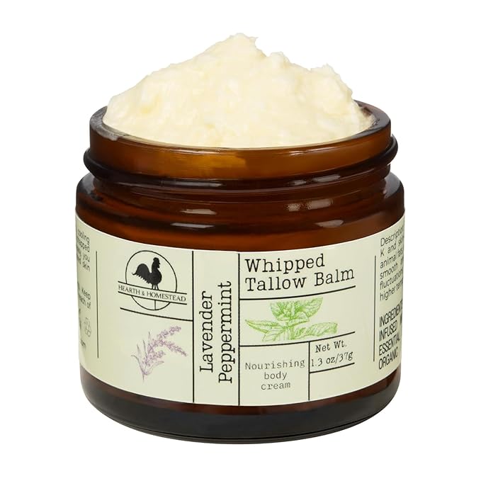 Hearth & Homestead Whipped Beef Tallow for Skin - 100% Grass Fed, Eczema Cream & Body Butter - Organic Olive Oil, Calendula & Rose - Lotion & Hand Moisturizer for Dry Skin, Lavender Peppermint, 1.3oz