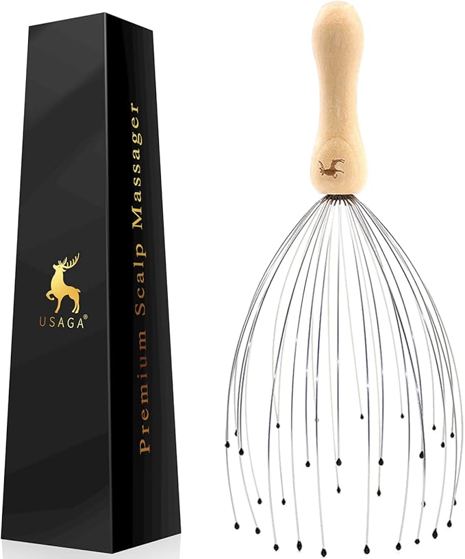 USAGA 32 Fingers Head Massager, Head Scratcher Scalp Massager for Head Body Relaxing Wood Handle (1 Pack)