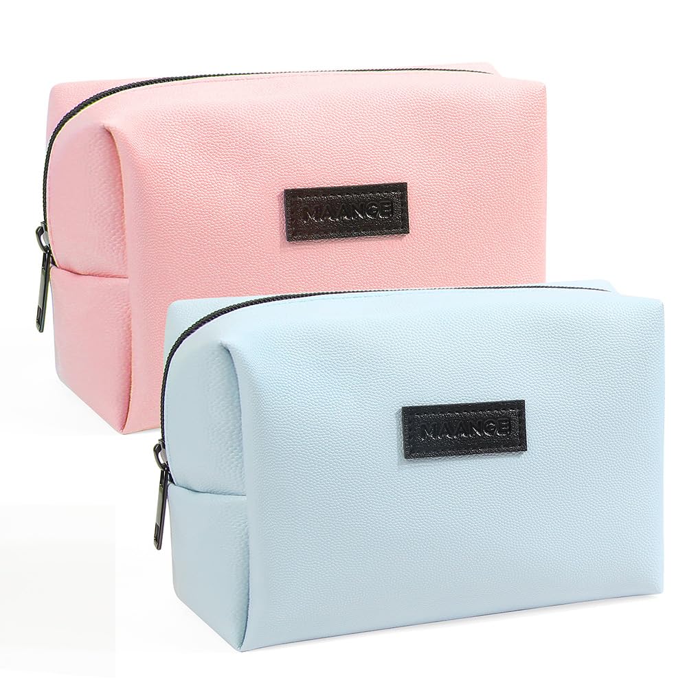 MAANGE 2 Pcs Small Makeup Bag For Purse, Travel Cosmetic Bag Makeup Pouch PU Leather Portable Versatile Zipper Pouch For Women (Pink+Blue)