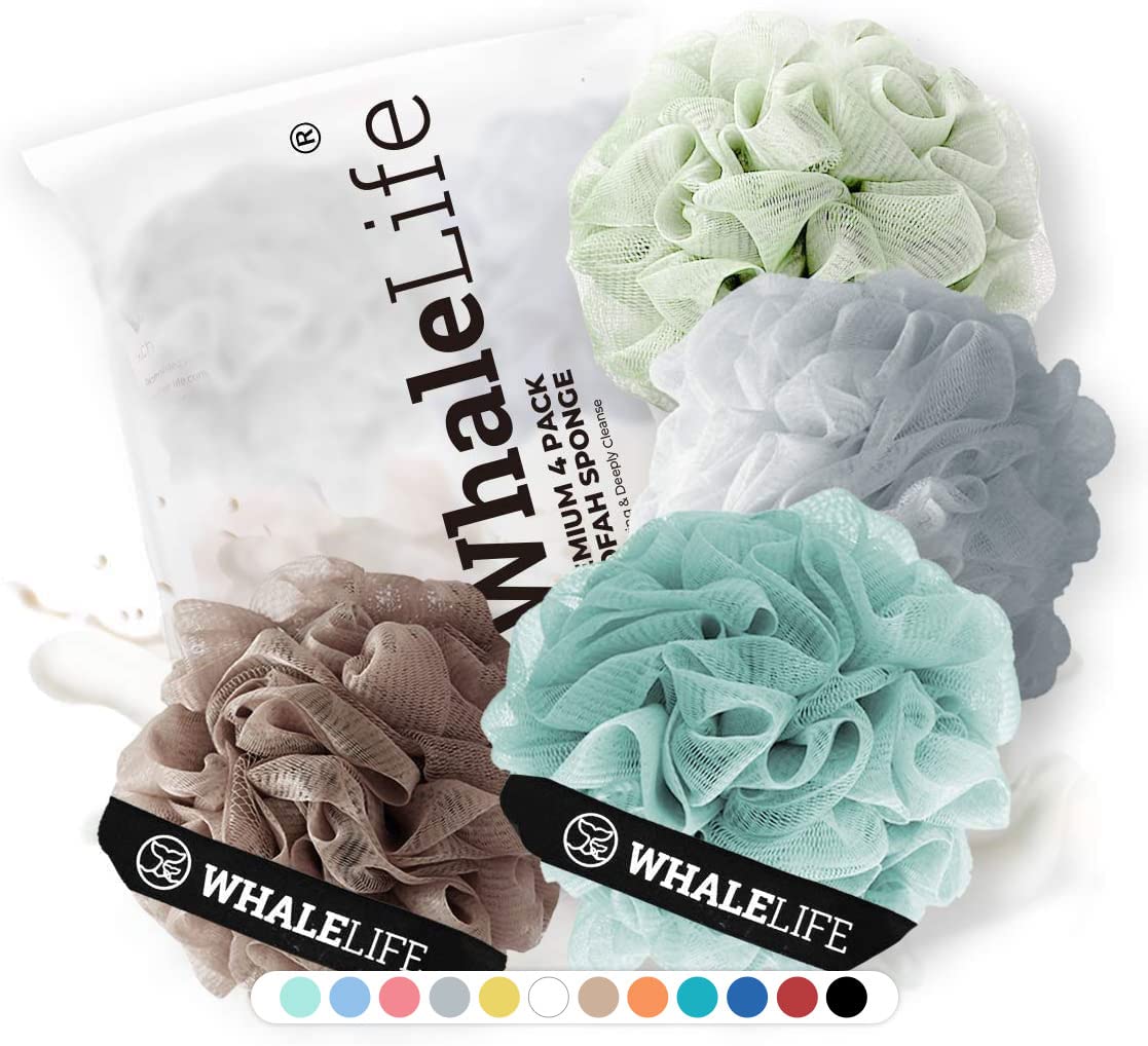 Bath Loofah Sponge for Shower - Body Scrubber 4-Pack Gray Blue Green Purple