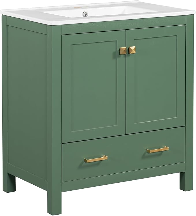 Bellemave 30" Bathroom Vanity with Sink Combo Set, Solid Wood Frame Bathroom Storage Cabinet with a Drawer, 2 Soft Closing Cabinet Doors with Organizer, Green