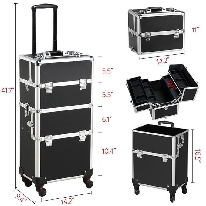Yaheetech Rolling Makeup Train Case, Cosmetology Nail Organizer, Black