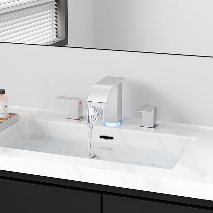 RUMOSE LED Bathroom Faucets Set Brushed Nickel 8 inch Bathroom Sink Faucet 3 Hole with Pop Up Drain Widespread Waterfall Vanity Faucet with 3 Colors Light Changing Stainless Steel Deck Mounted