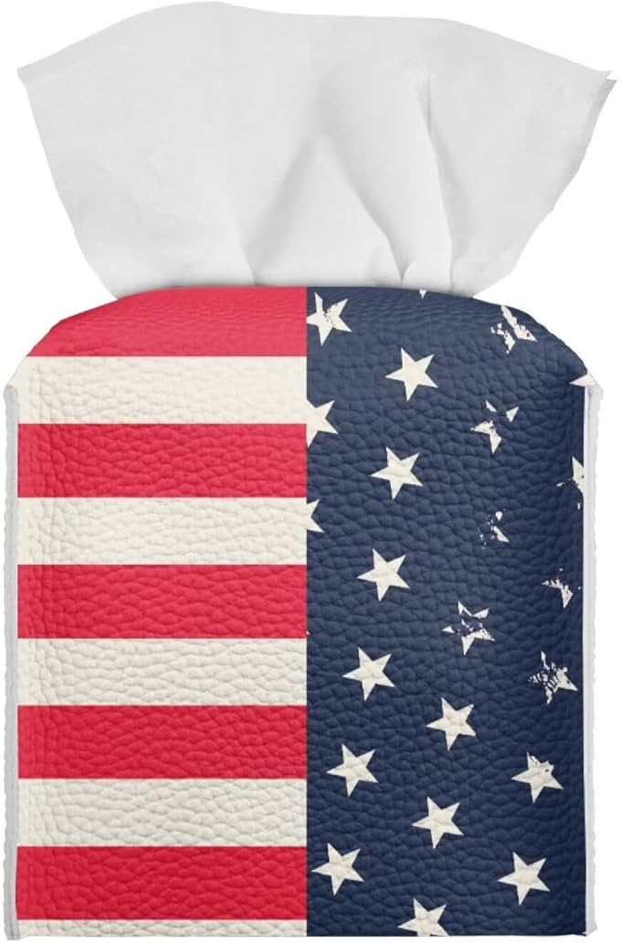 American Flag Tissue Box Holder Stylish Leather Square Tissue Box Cover with Top Handle Waterproof Napkin Case Holder Home Office Bathroom Decor
