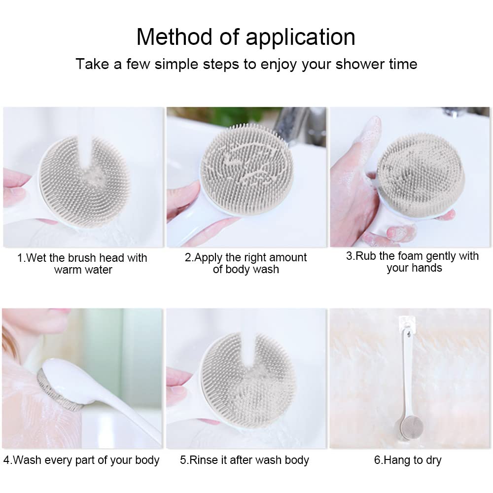Silicone Back Scrubber for Shower, Exfoliating Body Scrubber with Handle, Soft Shower Scrub Exfoliator Brush for Men and Women, BPA Free, Non-Slip (Grey)