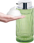Tonxus 14 Oz Foaming Soap Dispenser, Green Glass Soap Dispenser, Refillable Foam Pump Bottle Lotion Container with Silver Pump, Decorative Slim Ribbed Bottle for Bathroom and Kitchen Decor