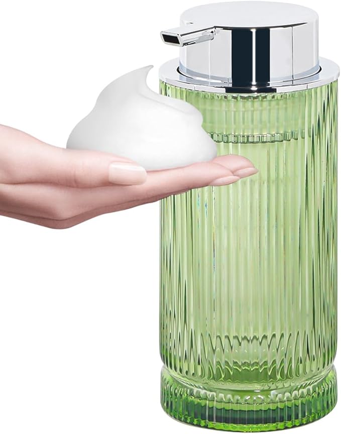 Tonxus 14 Oz Foaming Soap Dispenser, Green Glass Soap Dispenser, Refillable Foam Pump Bottle Lotion Container with Silver Pump, Decorative Slim Ribbed Bottle for Bathroom and Kitchen Decor