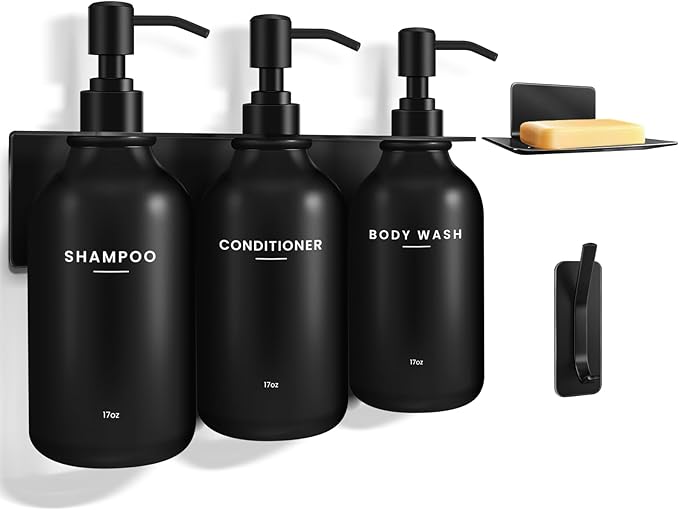 KLL Shampoo and Conditioner Dispenser Set - Shower Soap Dispenser Wall Mounted - Drill Free 16.9 fl oz Set of 3 Plastic Pump Bottles and Soap Holder - Shampoo Dispenser, Shower Dispenser - Black