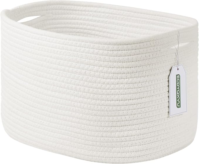Cotton Rope Storage Basket, 15x10x9 Inches, Woven Basket for Shelves, Clothes, Towels, Books, and Laundry, White (1 Pack)