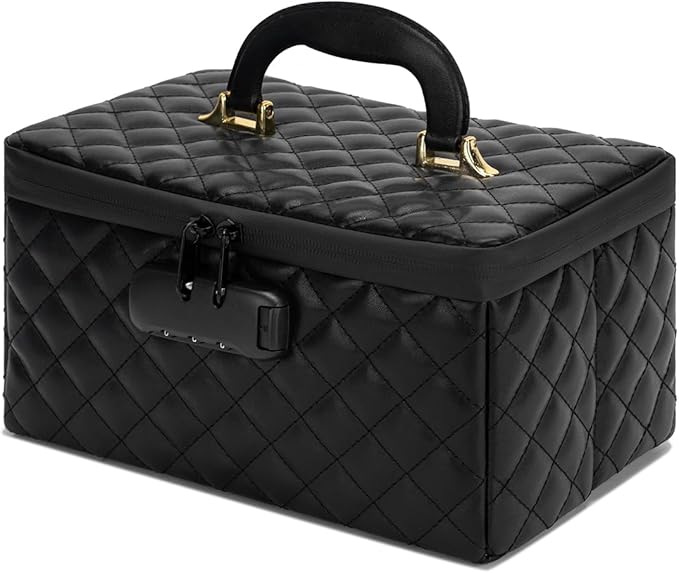 KaAutoler Portable makeup box with Lock, Large Capacity Travel Makeup Case Organizer, Makeup Bags for Girls Traveling With Handle and Divider Makeup Bag (Black)