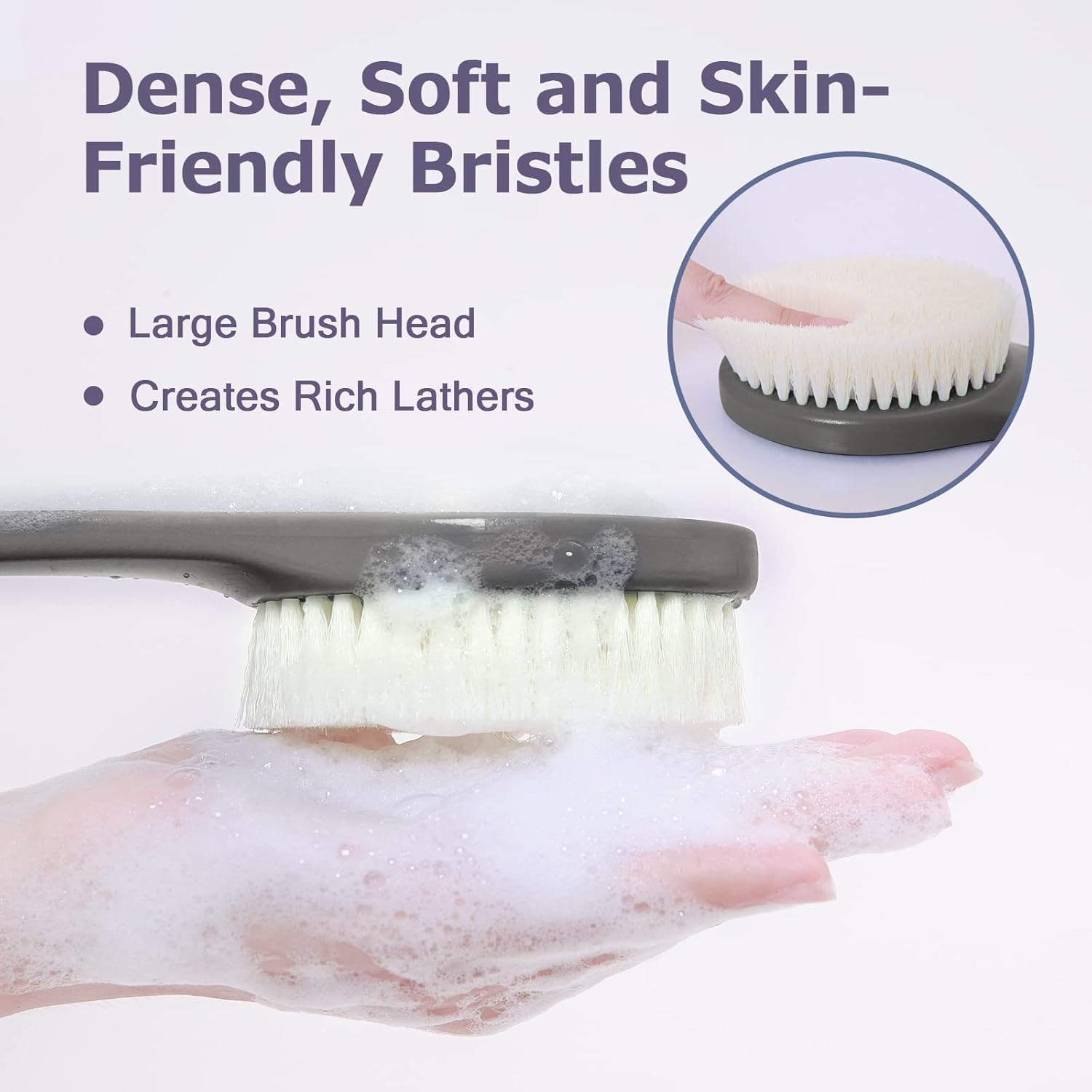 Body Back Scrubber – 17'' Long Handle Shower Brush, Durable Exfoliator for Dry & Wet Use, Deep Cleansing & Gentle Exfoliation for Smooth Skin – for Men, Women & Elderly (Gray)