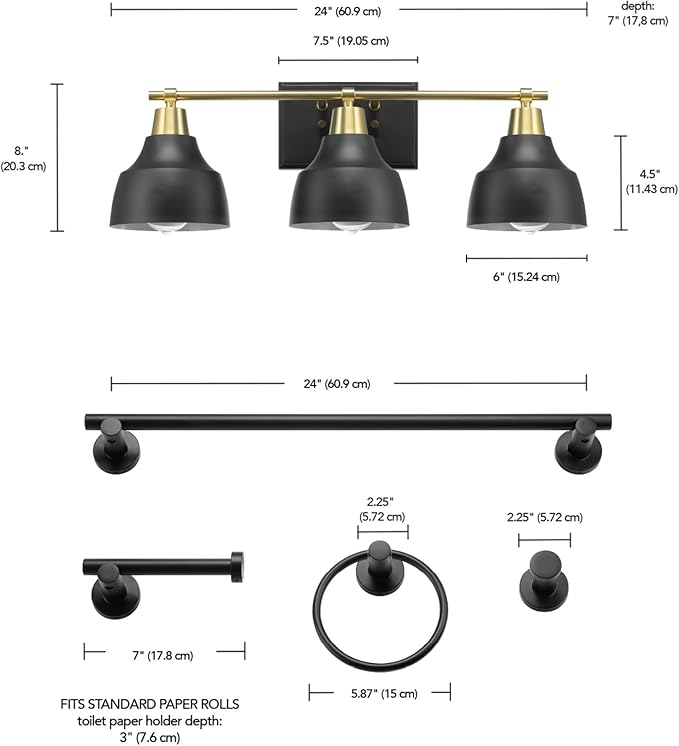 Globe Electric 63000204 5-Piece All-in-One Bathroom Accessory Set, 3-Light Vanity Light, Matte Black & Brass, Towel Bar, Robe Hook, Toilet Paper Holder, Towel Ring, Bath, Bathroom Lights Over Mirror