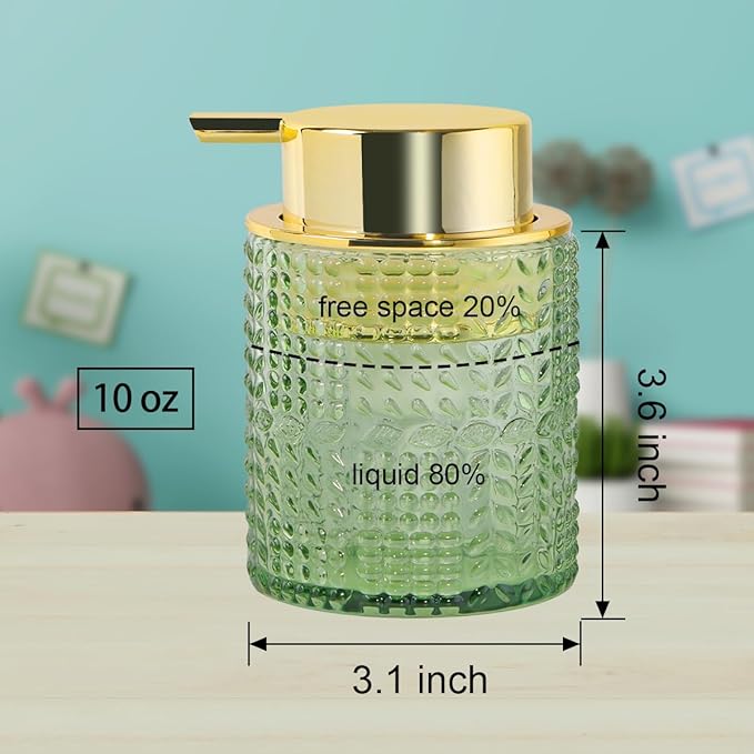 Fvstar Foaming Soap Dispenser, 10 Oz Glass Foam Hand Soap Dispenser with Gold Pump, Refillable Bathroom Lotion Container Pump Bottle with Vintage Pattern, Green