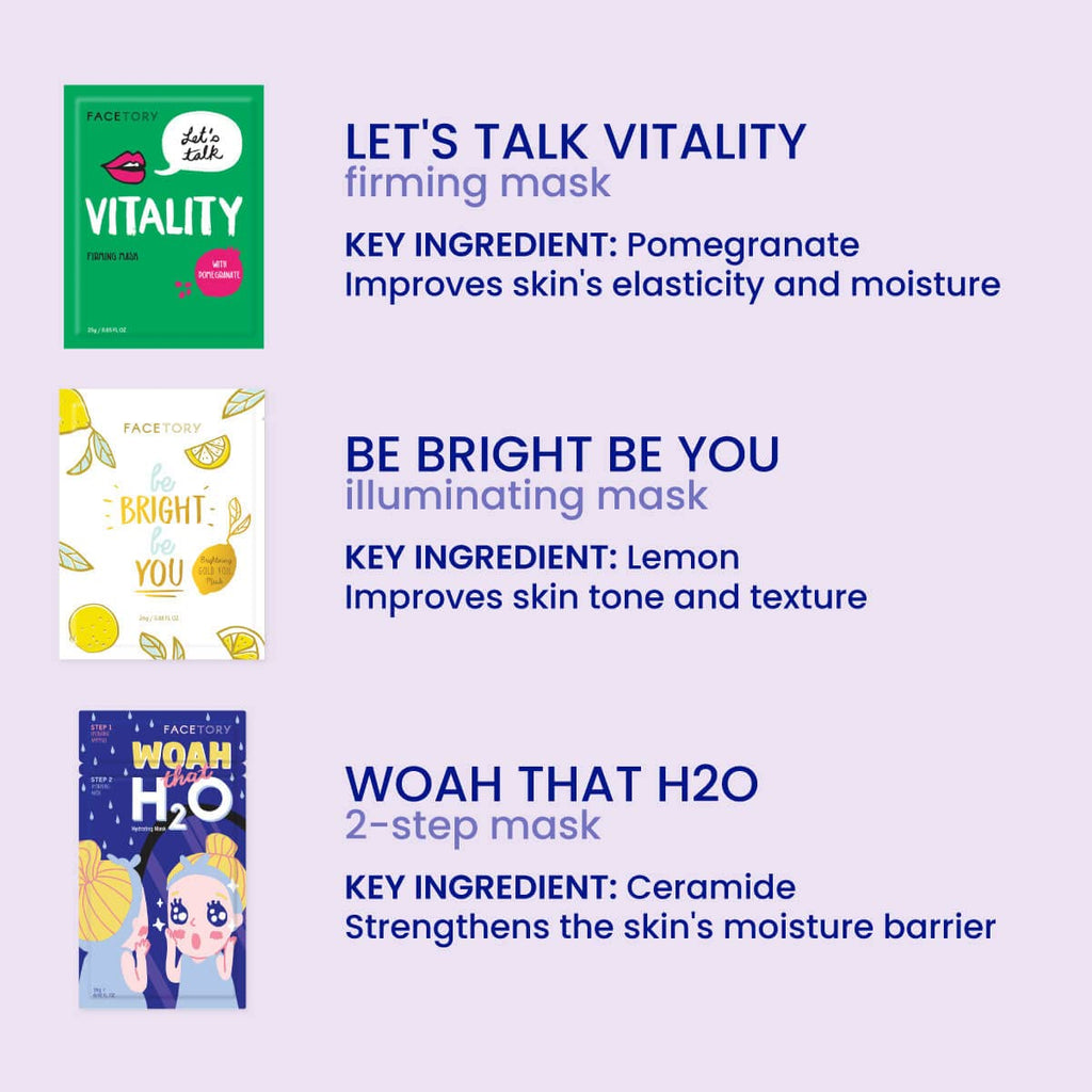 FACETORY Best of 7 Korean Face Mask Variety Pack, 21 Count