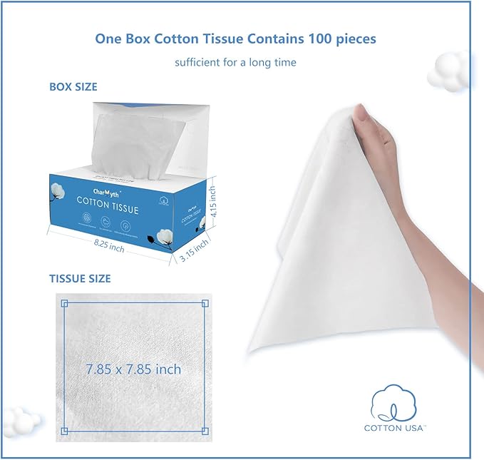 Charmyth Extra Thick Disposable Face Towel, Disposable Makeup Removing Wipes, 100% USA Cotton and 100% Organic & Cruelty Free, Lint-Free Cotton Tissues for Sensitive Skin 100 Count