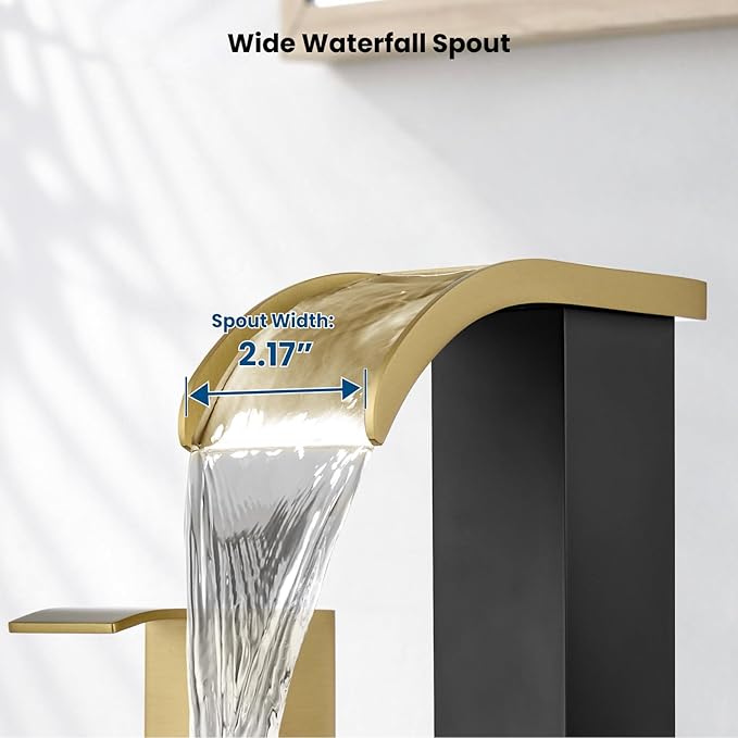 gotonovo Waterfall 8 inch Widespread Bathroom Faucet Set Bathroom Sink Faucet 3 Hole 2 Handle Vanity Lavatory Deck Mount with Pop Up Drain and Water Supply Lines Square Body Gold and Matte Black