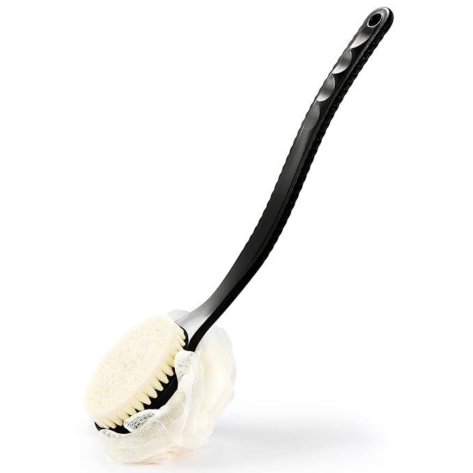 Shower Body Brush with Bristles and Loofah,Back Scrubber Bath Mesh Sponge with Curved Long Handle for Skin Exfoliating Bath, Massage Bristles Suitable for Wet or Dry, Men and Women (Black)