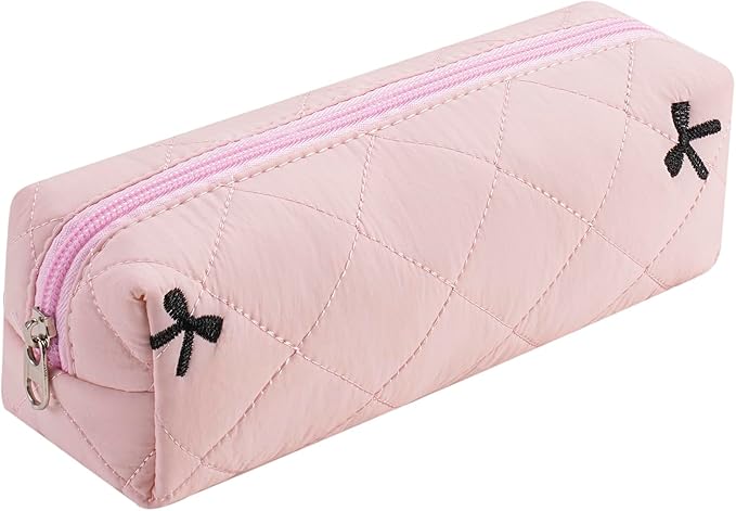 HHQQWZ Cute Floral Cotton Makeup Brush Cosmetic Bag for Women, Travel Quilted Zipper Make Up Bag, Flowers Toiletry Organizer Case Kawaii Makeup Cosmetic Travel Cloth Pouch (Pink)