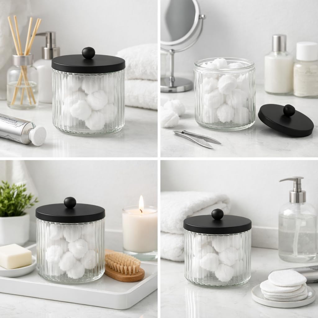 KMwares 2-Pack Glass Qtip Holder Dispenser Set - Bathroom Canister Storage Organizer for Cotton Balls, Swabs, Floss Picks, and Makeup Sponges with Matte Black Metal Lid - Clear Vanity Apothecary Jars