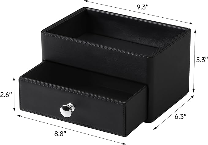 MEIBOOCH PU Leather Desk Organizer with Drawer, Multifunctional Nightstand Organizer, Waterproof Makeup Organizer for Vanity Bathroom Countertop Bedside Table (Black)
