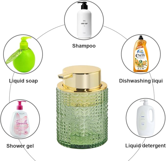 Fvstar Foaming Soap Dispenser, 10 Oz Glass Foam Hand Soap Dispenser with Gold Pump, Refillable Bathroom Lotion Container Pump Bottle with Vintage Pattern, Green