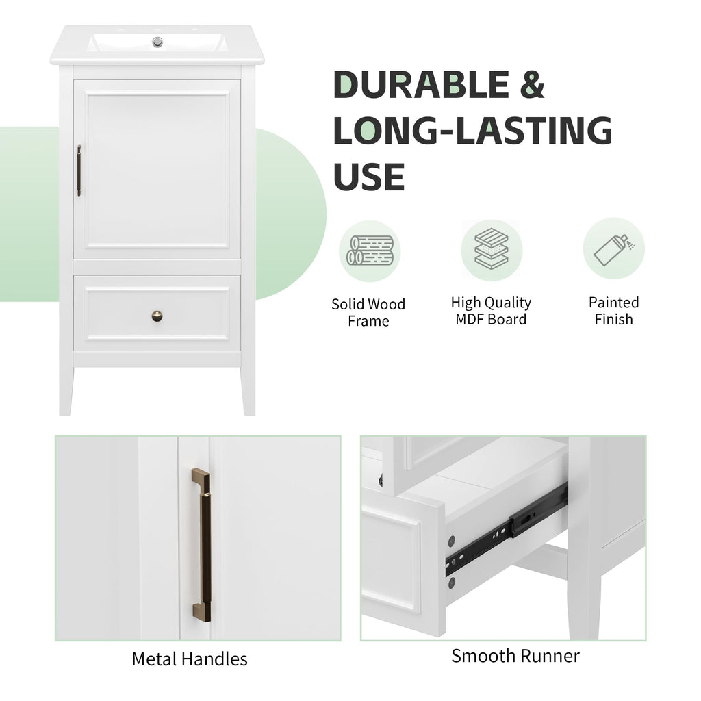 Bellemave 20 Inch Vanity with Sink, Free Standing Bathroom Vanity Cabinet with Soft Closing Door, Storage Rack, Drawer (White)