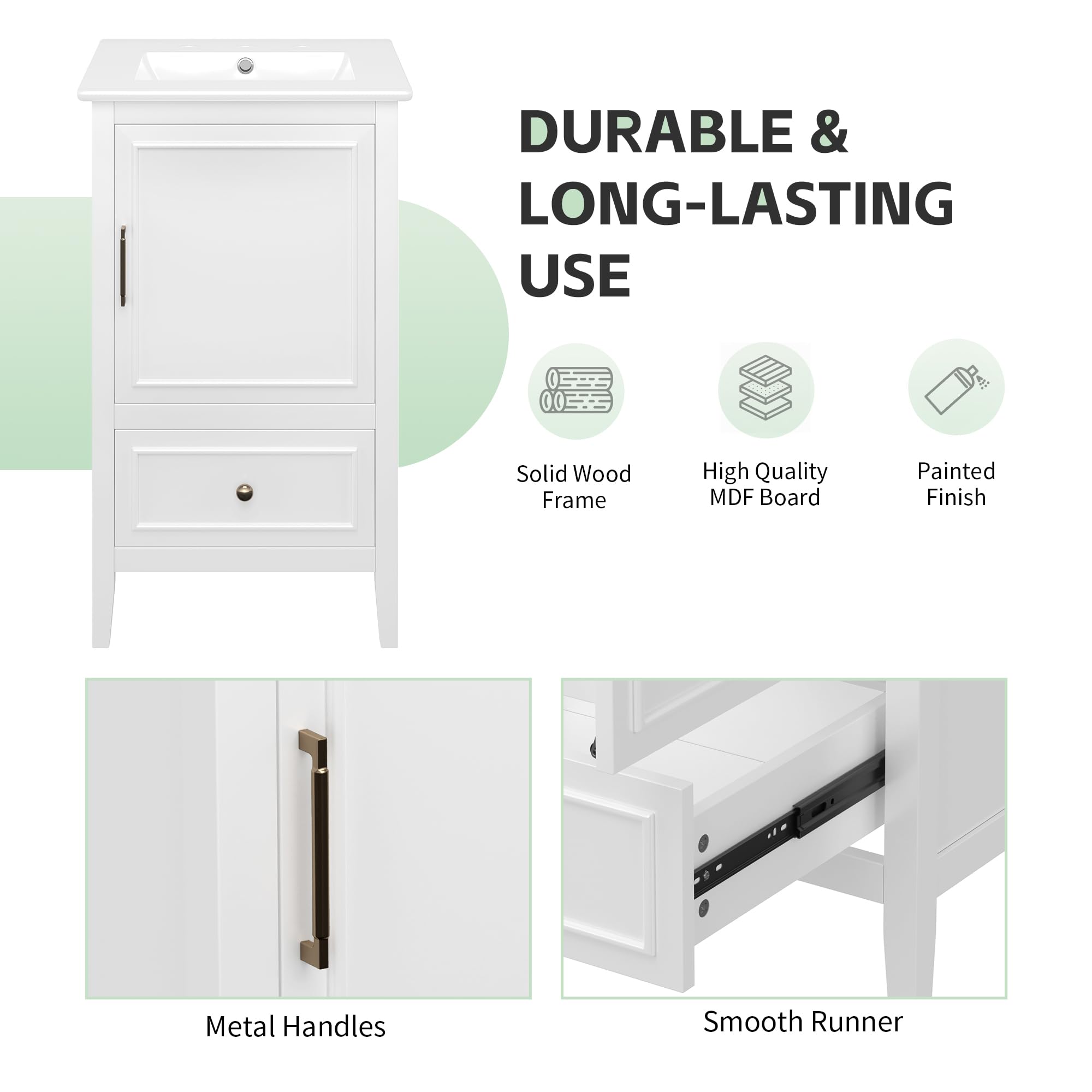 Bellemave 20 Inch Vanity with Sink, Free Standing Bathroom Vanity Cabinet with Soft Closing Door, Storage Rack, Drawer (White)
