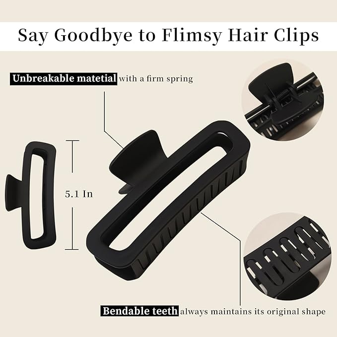 Nalodu 5 Inch Large Hair Claw Clips, No Slip Matte & Glossy Unbreakable Square XL Hair Clips for Thick Long Curly Hair, Women's Big Rectangle Strong Clips, 4 Pack