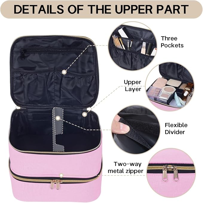 TANPADUAJI Double Layer Makeup Bag Portable Large Cosmetic Case Organizer with Adjustable Dividers Storage Travel Bag for Accessories Brushes Conditioner and Skin Care Products (Pink Gold)