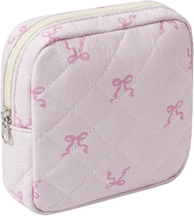 RSRSLEII Small Quilted Cosmetic Pouch for Purse, Mini Cotton Makeup Bag with Compartments, Cute Zipper Lipstick Holder for Women (05Small Pink bow)