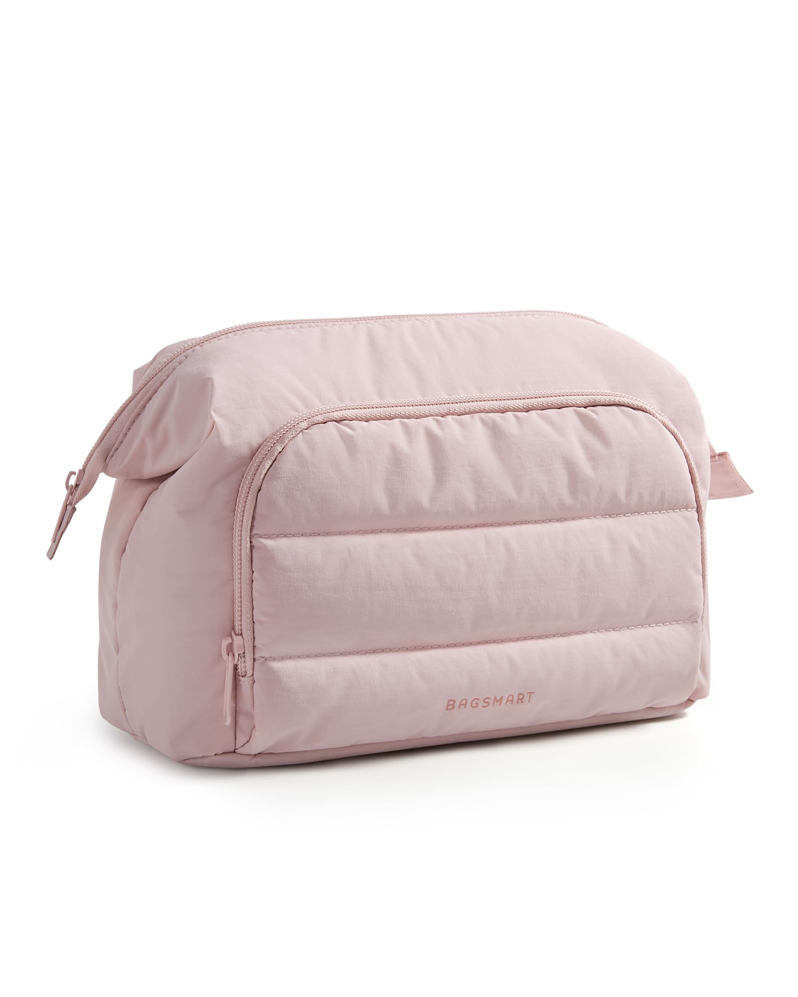 BAGSMART Travel Makeup Bag, Cosmetic Bag Small Make Up Organizer Case,Wide-open Pouch for Women Purse for Toiletries Accessories Brushes,Large Beige