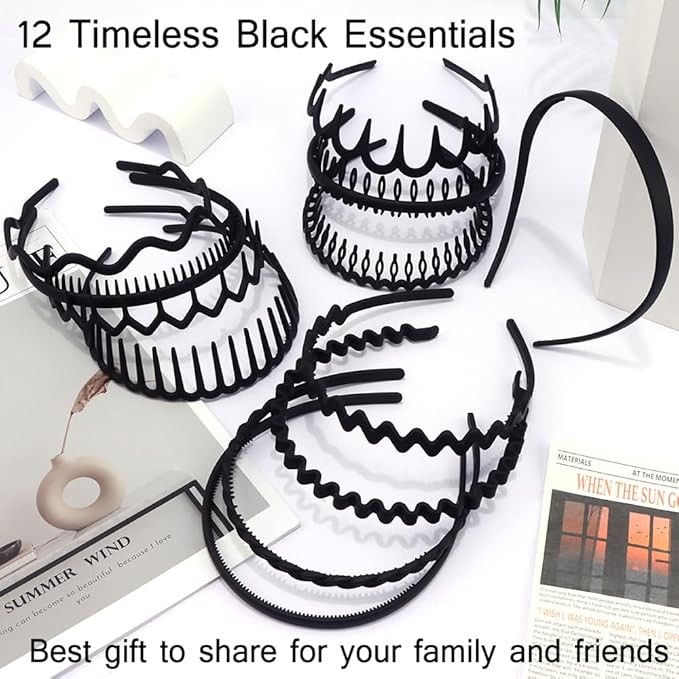 TOBATOBA 12Pcs Black Headbands for Women with Teeth Plastic Head Bands for Women's Hair Non Slip Comb Skinny Zig Zag Headbands Fashion Hair Accessories for Women Men Teen Girls