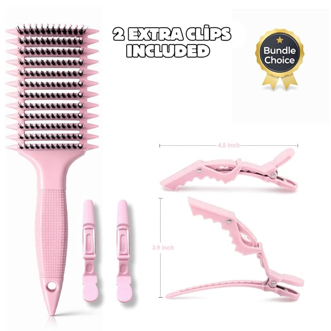 Curl Defining Brush with Hair Clips – Detangling Tool for Wet or Dry Styling, Ideal for Curly Hair, Women & Girls (Pink)