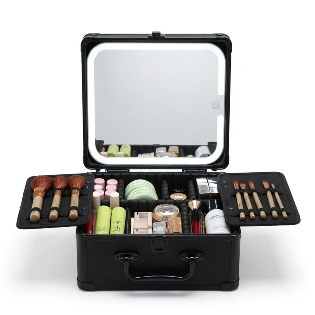 Leeora&Leekoo Makeup Case with Lighted Mirror, Portable Train Case Organizer for Makeup & Beauty Tools, Professional Cosmetic Storage Box (Black)